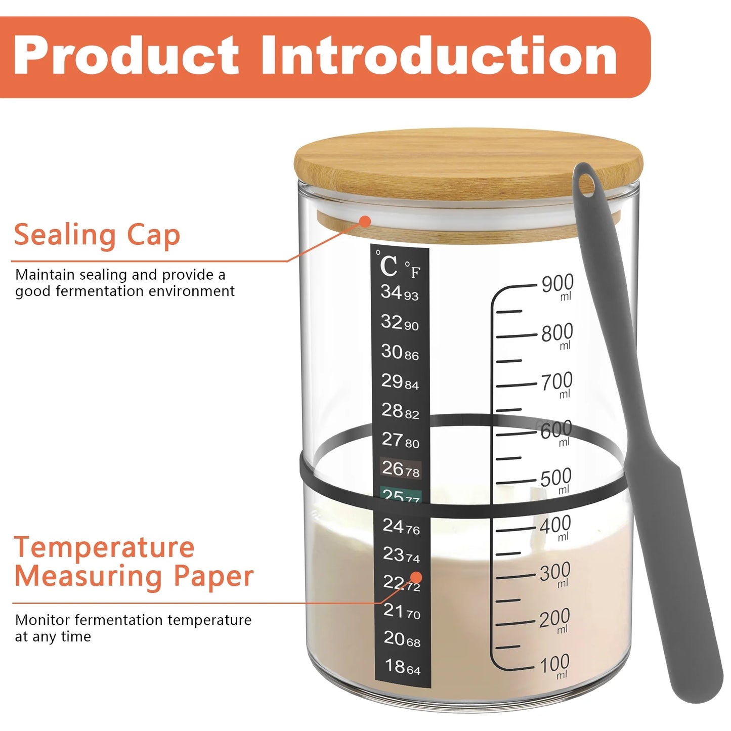 Sourdough Starter Jar Kit, 900Ml Sourdough Starter Container Clear Sourdough Fermentation Jar with Temperature Paper Spatula Rubber String for Baking Bread