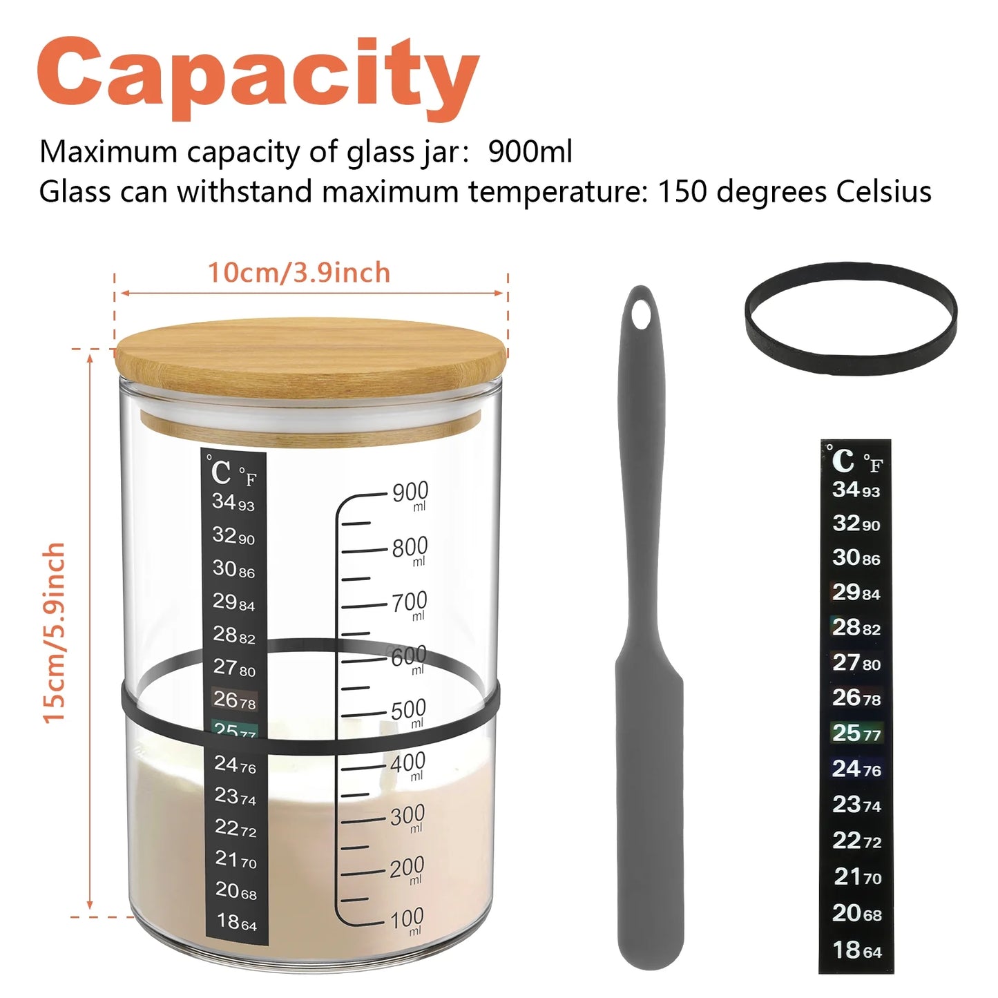 Sourdough Starter Jar Kit, 900Ml Sourdough Starter Container Clear Sourdough Fermentation Jar with Temperature Paper Spatula Rubber String for Baking Bread