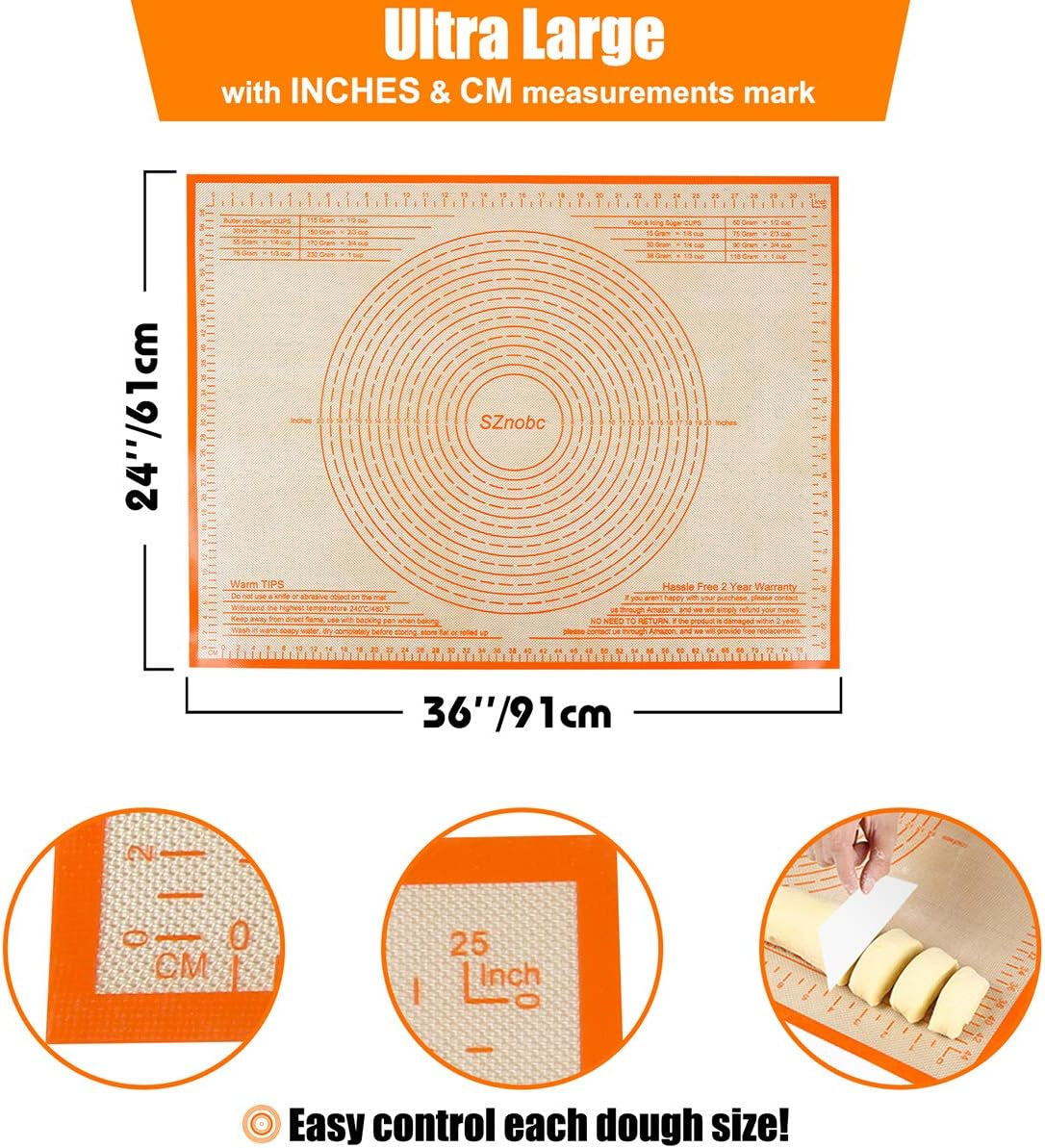 Silicone Pastry Mat 36'' by 24'' Extra Large Baking Mat with Measurements for Dough Rolling, Kneading Board, Kitchen Counter Mats for Dough, Pastry, Fondant, Pie Crust, Cookies, Bread, Pasta, Pizza
