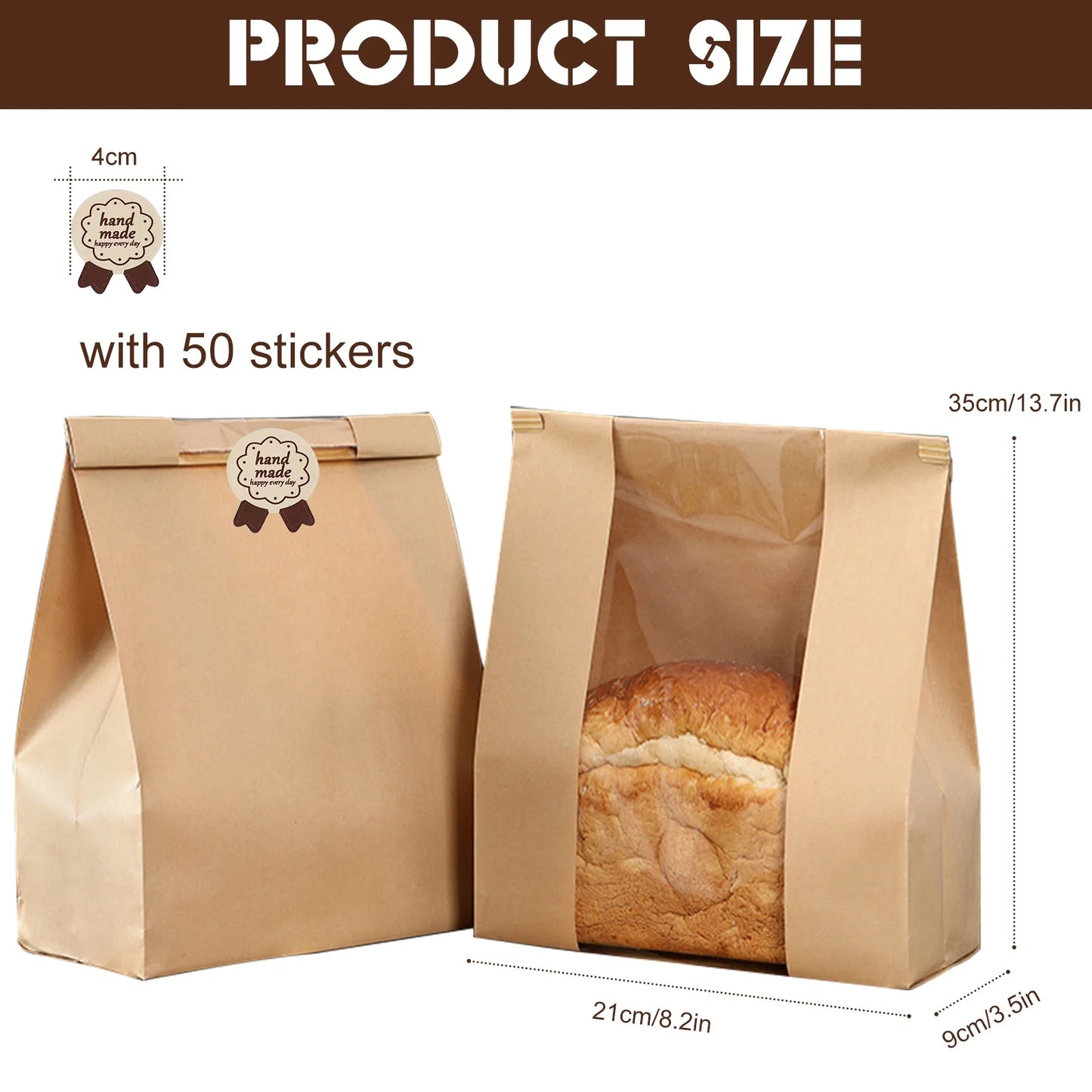 Paper Bread Bags with Window for Sourdough Bread & Baked Food Packaging, Pack of 50 (13.7 X 8.2 X 3.5 Inch)