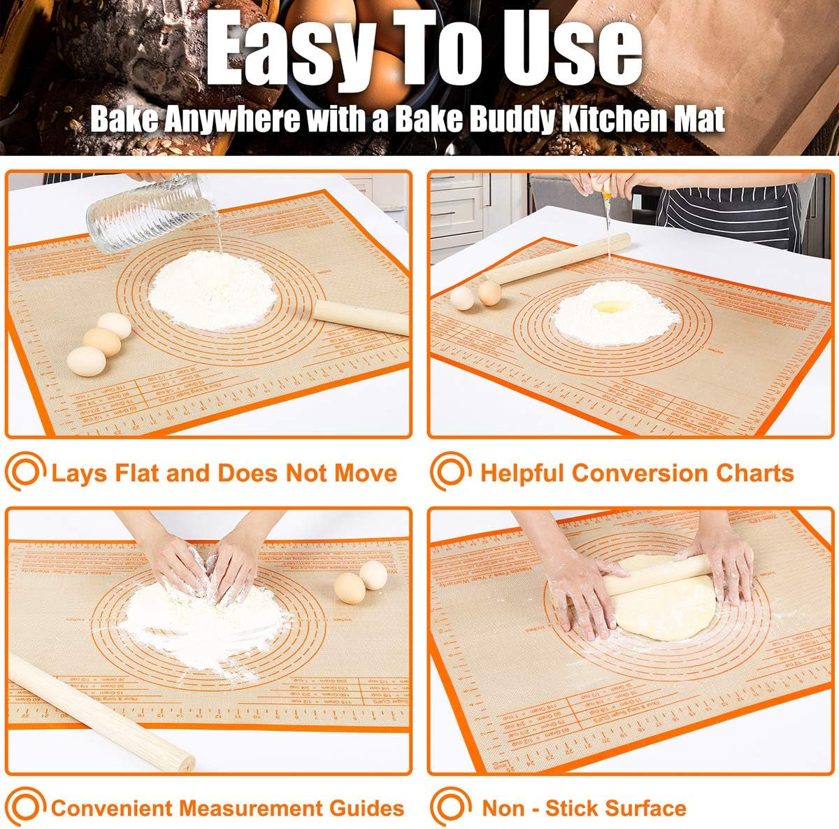 Silicone Pastry Mat 36'' by 24'' Extra Large Baking Mat with Measurements for Dough Rolling, Kneading Board, Kitchen Counter Mats for Dough, Pastry, Fondant, Pie Crust, Cookies, Bread, Pasta, Pizza
