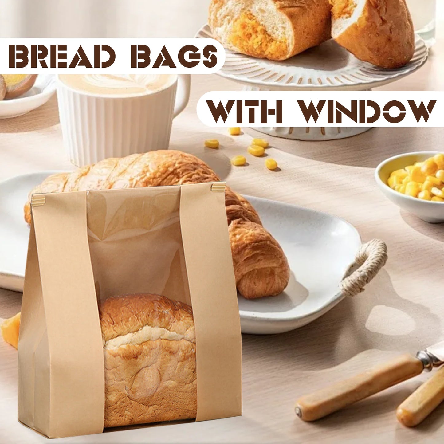 Paper Bread Bags with Window for Sourdough Bread & Baked Food Packaging, Pack of 50 (13.7 X 8.2 X 3.5 Inch)