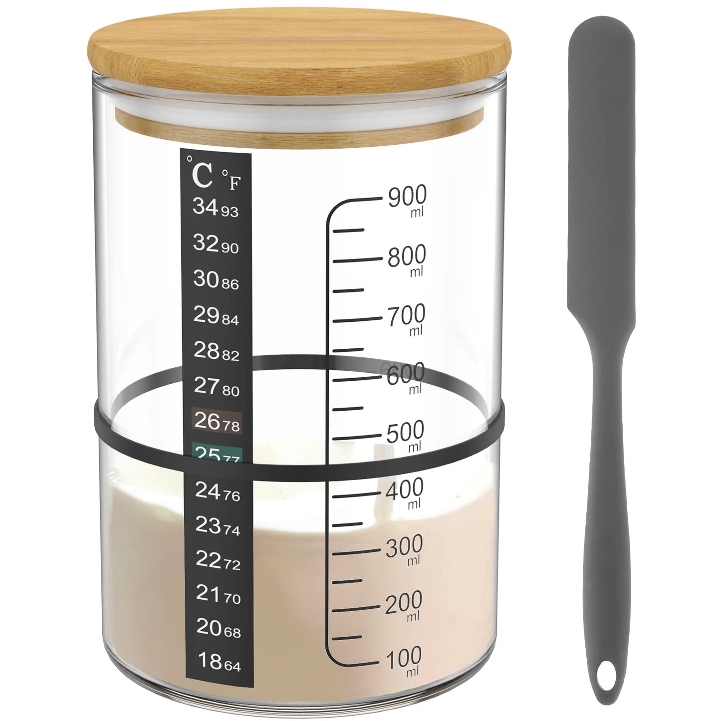 Sourdough Starter Jar Kit, 900Ml Sourdough Starter Container Clear Sourdough Fermentation Jar with Temperature Paper Spatula Rubber String for Baking Bread