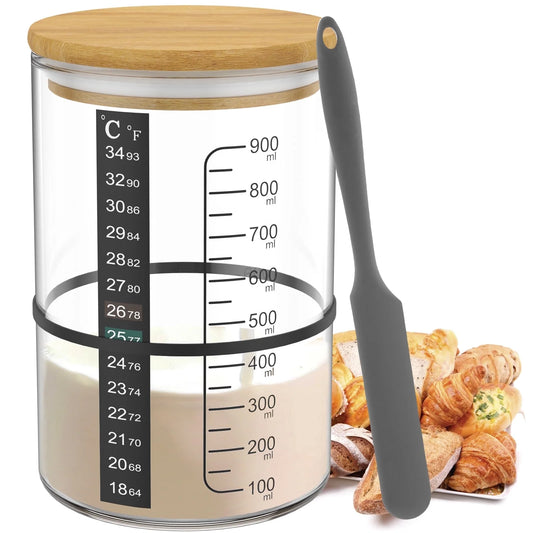 Sourdough Starter Jar Kit, 900Ml Sourdough Starter Container Clear Sourdough Fermentation Jar with Temperature Paper Spatula Rubber String for Baking Bread